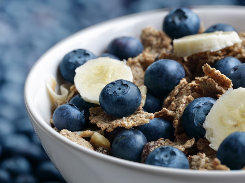 Close up of cereal with blueberries and banana