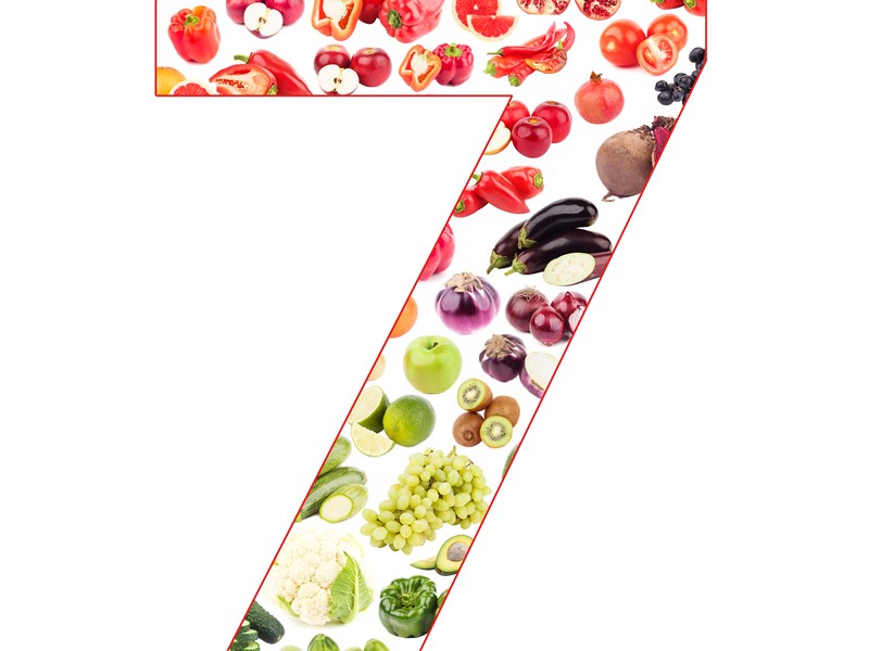 Number 7 made up of fruits and vegetables