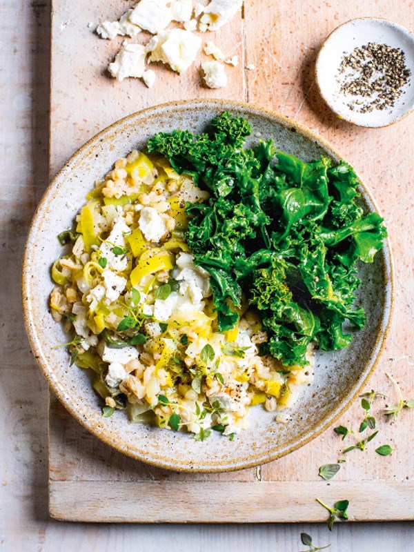 Leek and goats cheese barley risotto