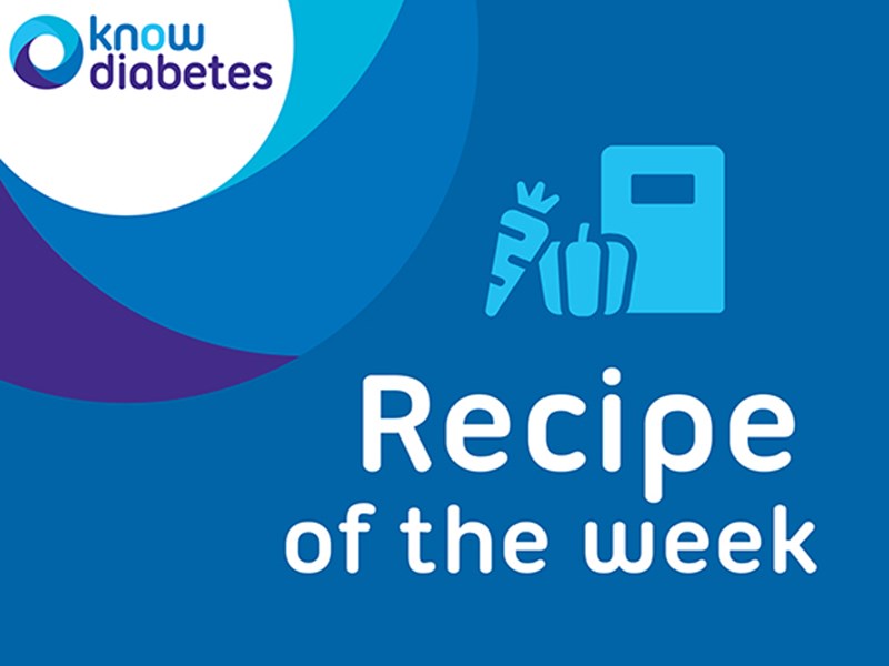 Recipe of the week written on blue background with pictures of vegetables