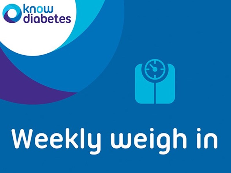 Weekly weigh in written on blue background with picture of scales