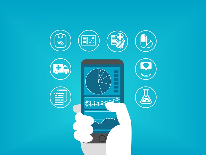 Electronic healthcare concept with hand holding smart phone to access digital medical records of patients