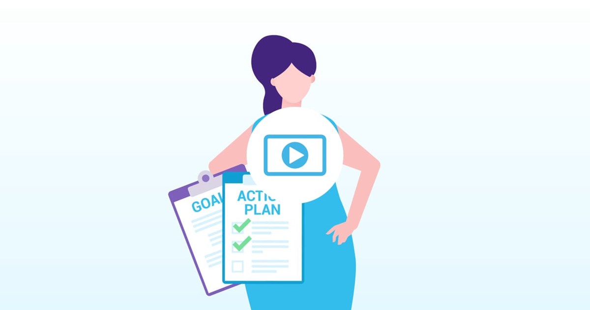 Icon of woman with action plan on clipboard