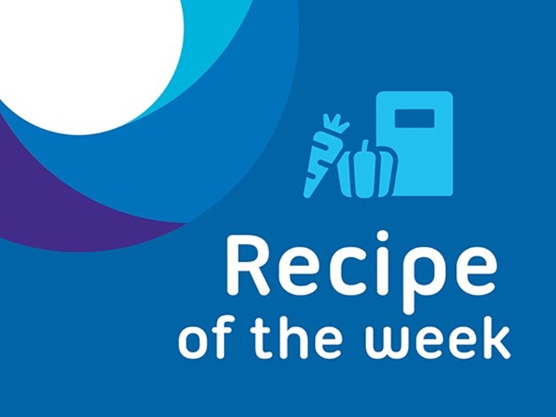 Recipe of the week written on blue background with pictures of vegetables