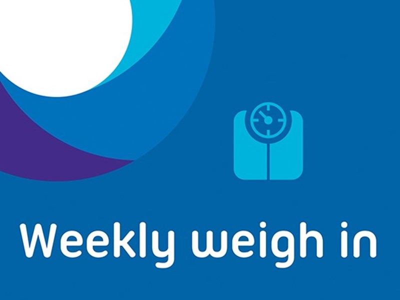 Weekly weigh in written on blue background with picture of scales