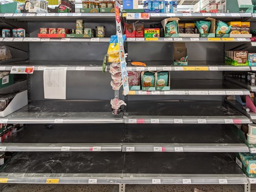 Morrisons supermarket baking section shelves empty with no flour