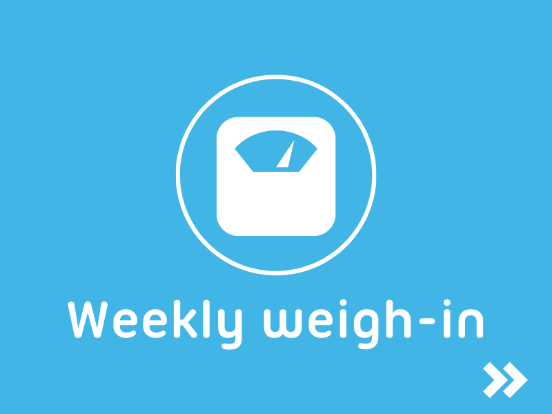 Weekly weigh in written on blue background with picture of scales