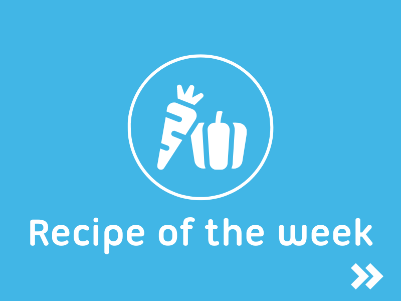 Recipe of the week written on blue background with pictures of vegetables
